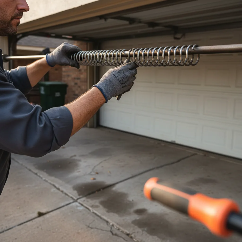 Dallas garage door technician installing a torsion spring on a residential garage door